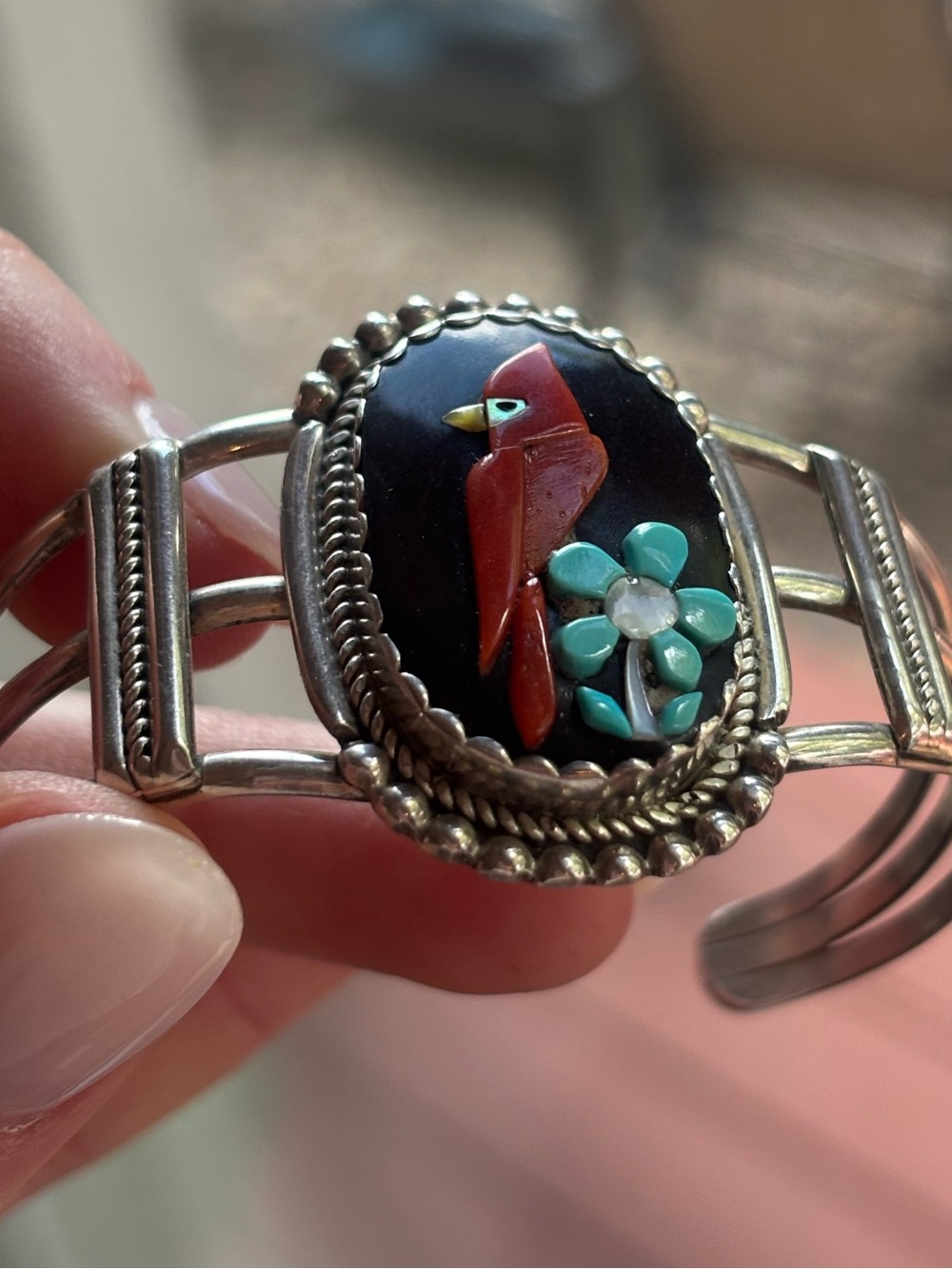 Vintage Zuni Sterling Silver Inlay Cardinal Cuff Bracelet Signed KC NM Turquoise - Picture 11 of 12